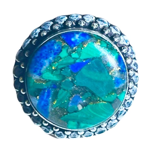 Artisan Jewelry - New Artisan Blue Green Natural Azurite Stone 925 Sterling Silver Circle Ring